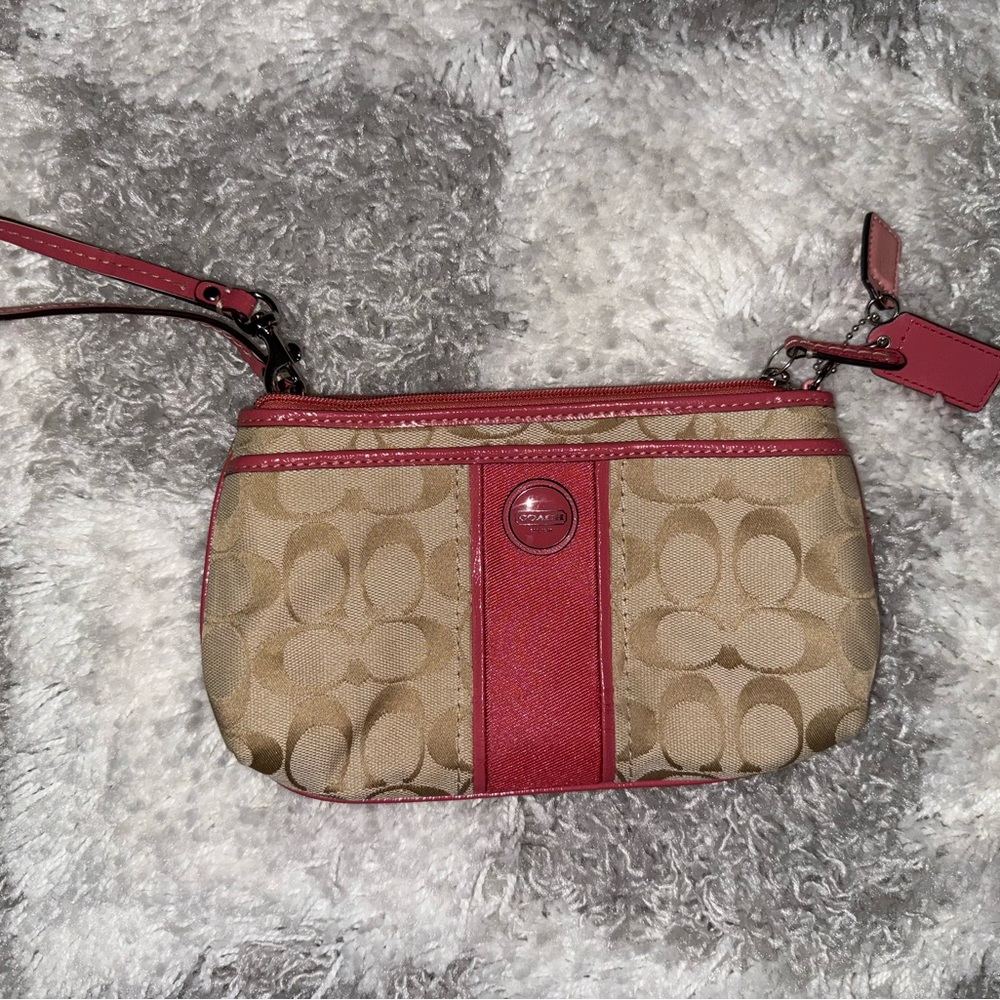 Coach Signature Canvas Wristlet in Tan and Pink in Excellent Condition